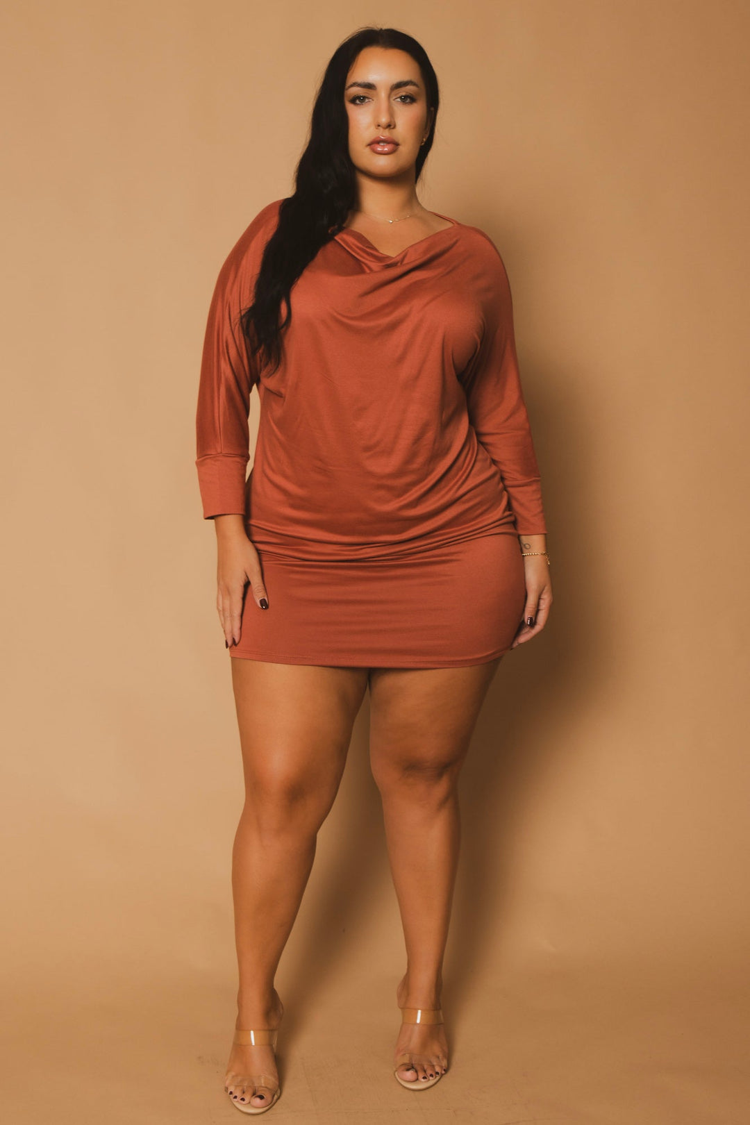 Plus Size Noir Cowl Neck Dress - Rust M / Rust at Curvy Sense Plus Size Noir Cowl Neck Dress - Rust M / Rust at Curvy Sense