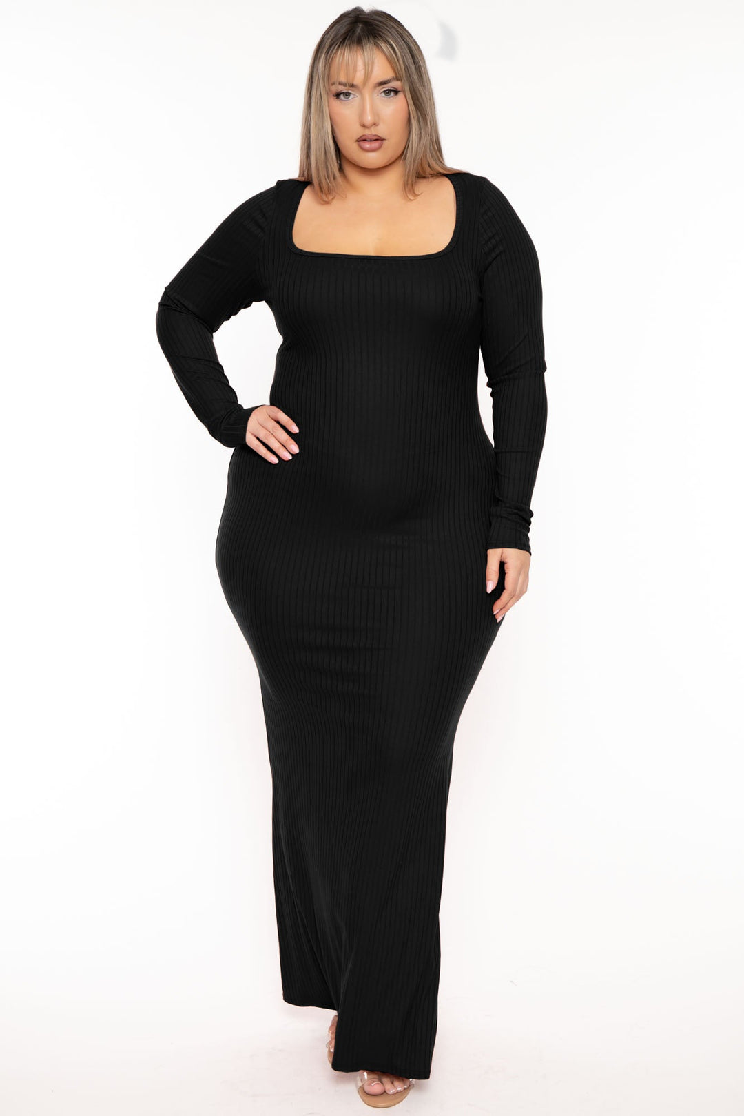 Curvy Sense Dresses Plus Size Noor Ribbed  Maxi Dress -  Black