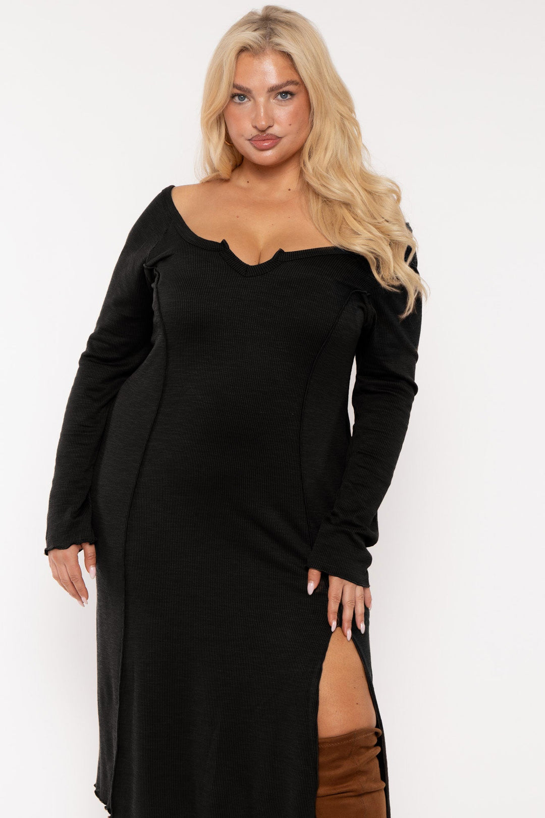 Plus Size Notch Neck Maxi Dress -Black 3X / Black at Curvy Sense Plus Size Notch Neck Maxi Dress -Black 3X / Black at Curvy Sense