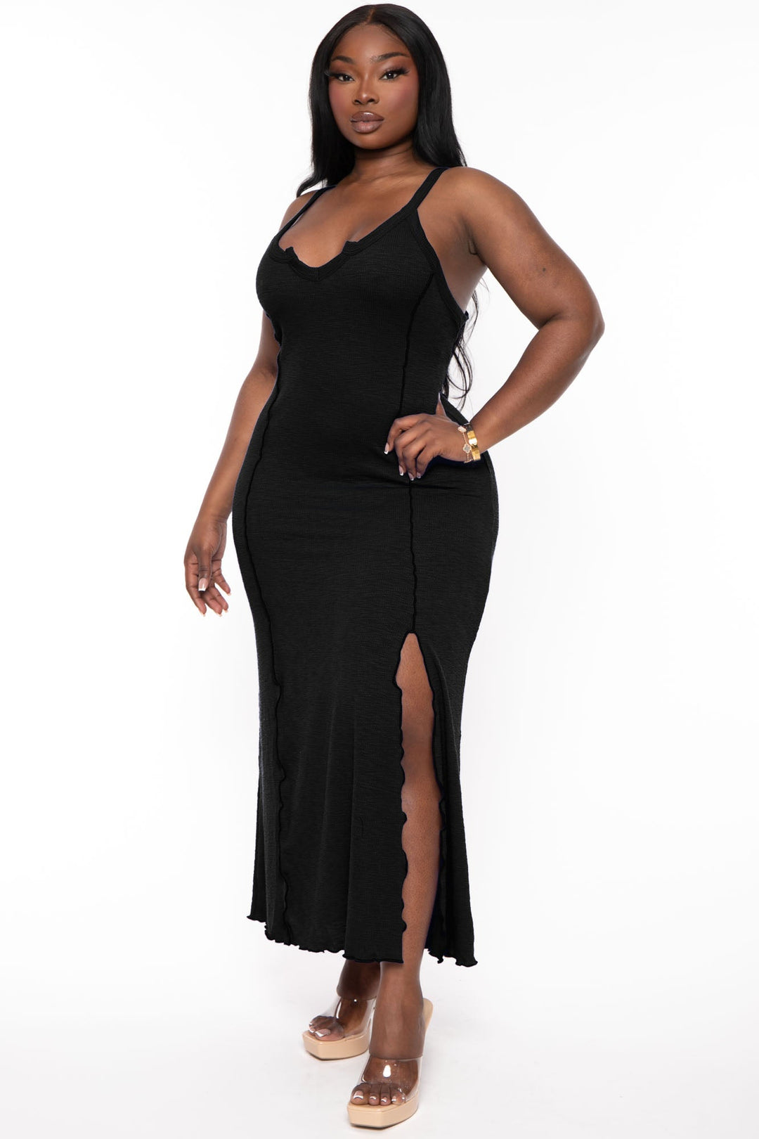 Plus Size Maxi Dress With Thigh High Slits Women Plus Size Solid Black Square Neck Crepe Plus Size Maxi Dress With Thigh High Slits Women Plus Size Solid Black Square Neck Crepe