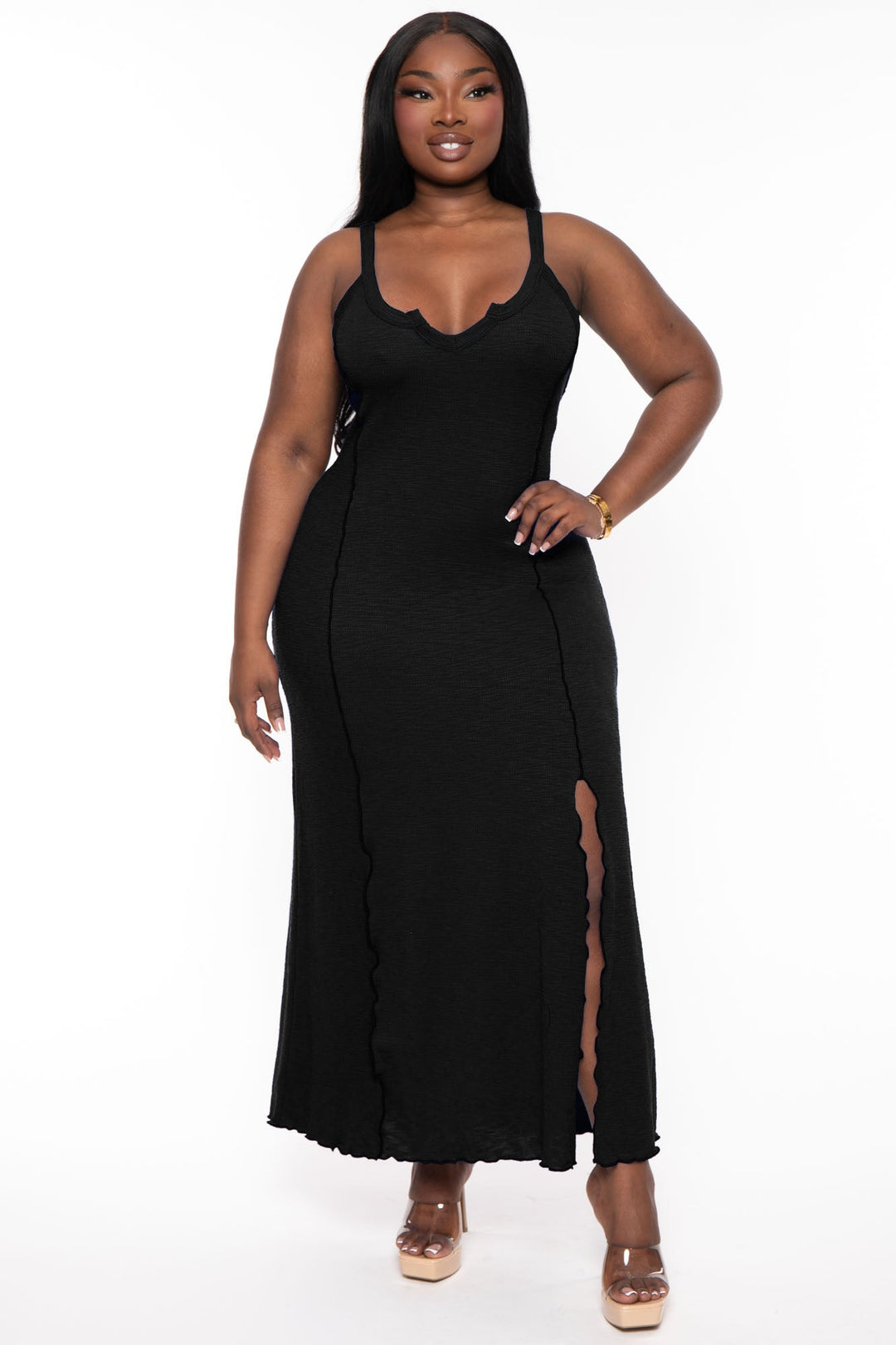 Women's Plus Size Notch Neck Merrow Maxi Dress - Black
