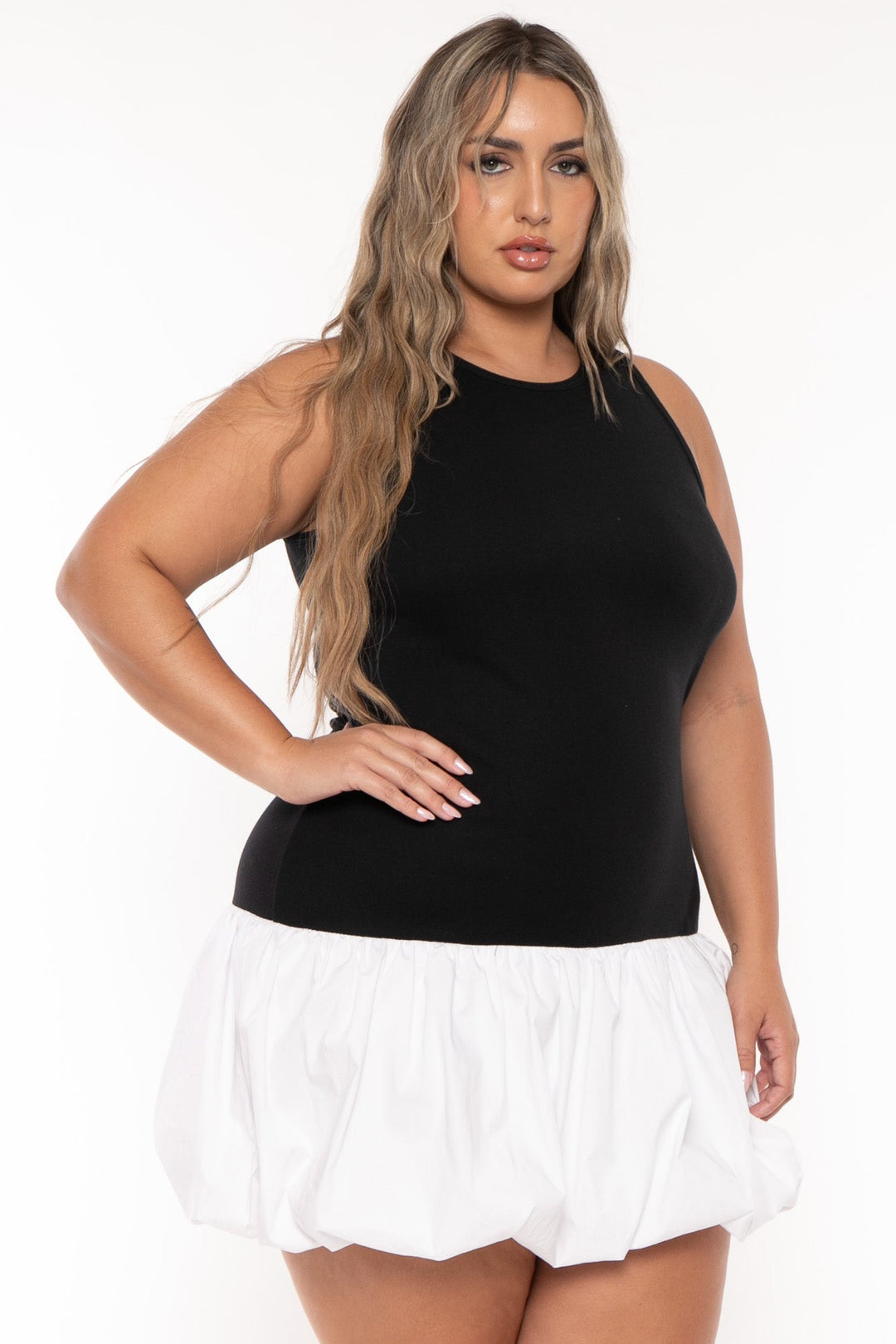 Curvy Sense Dresses Plus Size Nyssa Puff Skirt Mini Dress -Black