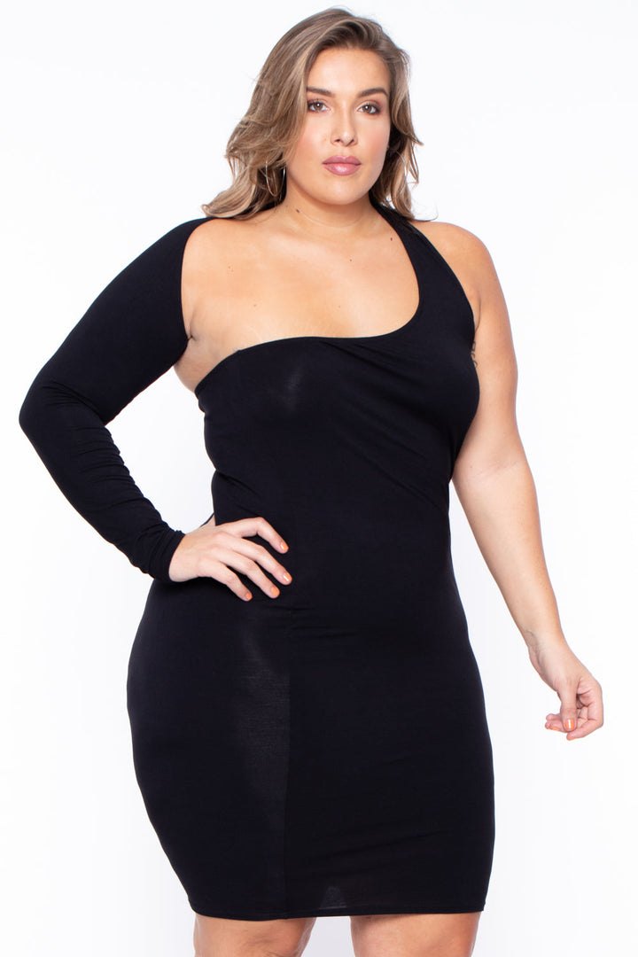 Curvy Sense Dresses Plus Size One Sleeve Asymmetric Dress- Black