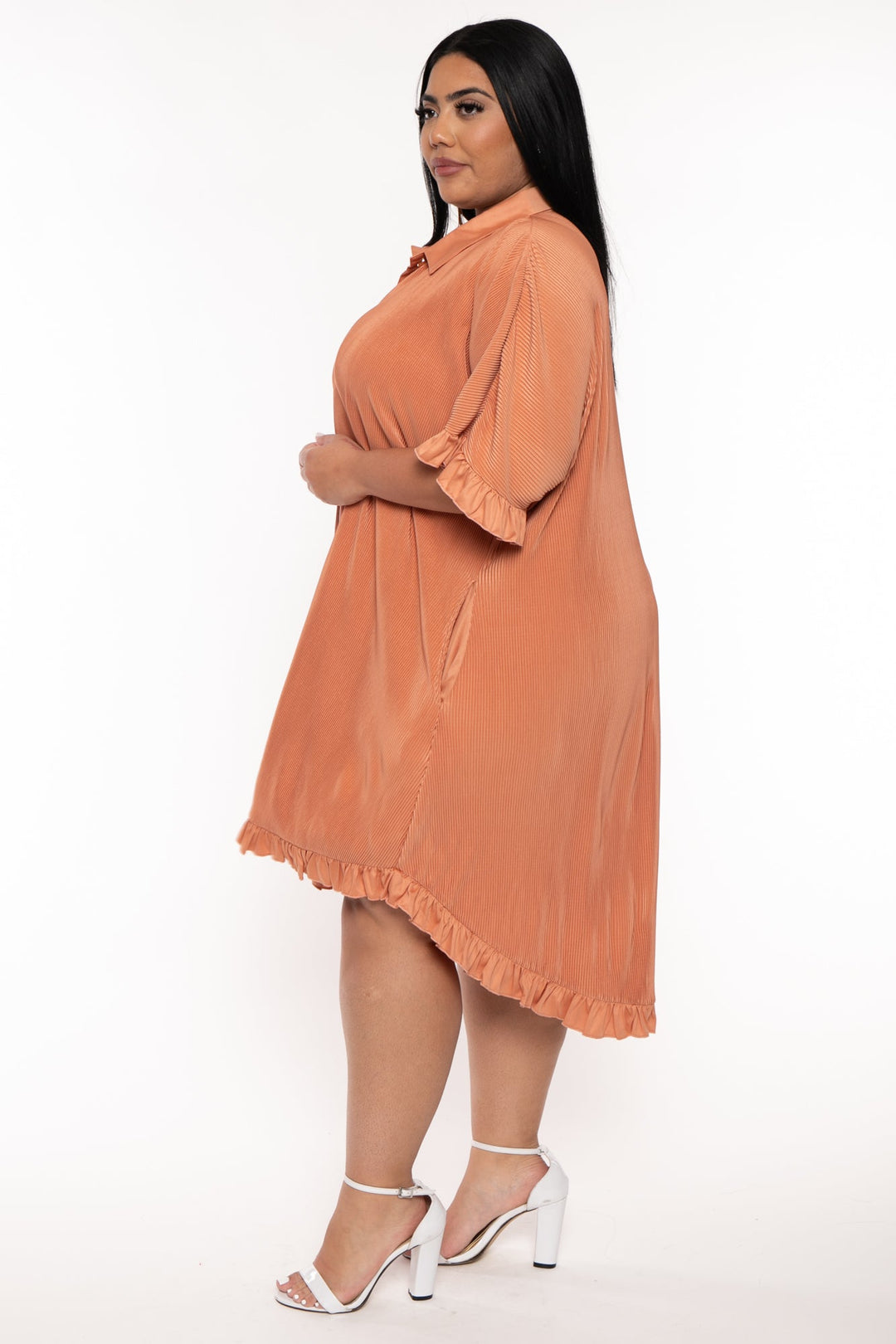 Davi & Dani Dresses Plus Size Oversize Shirt Pleated  Dress - Peach