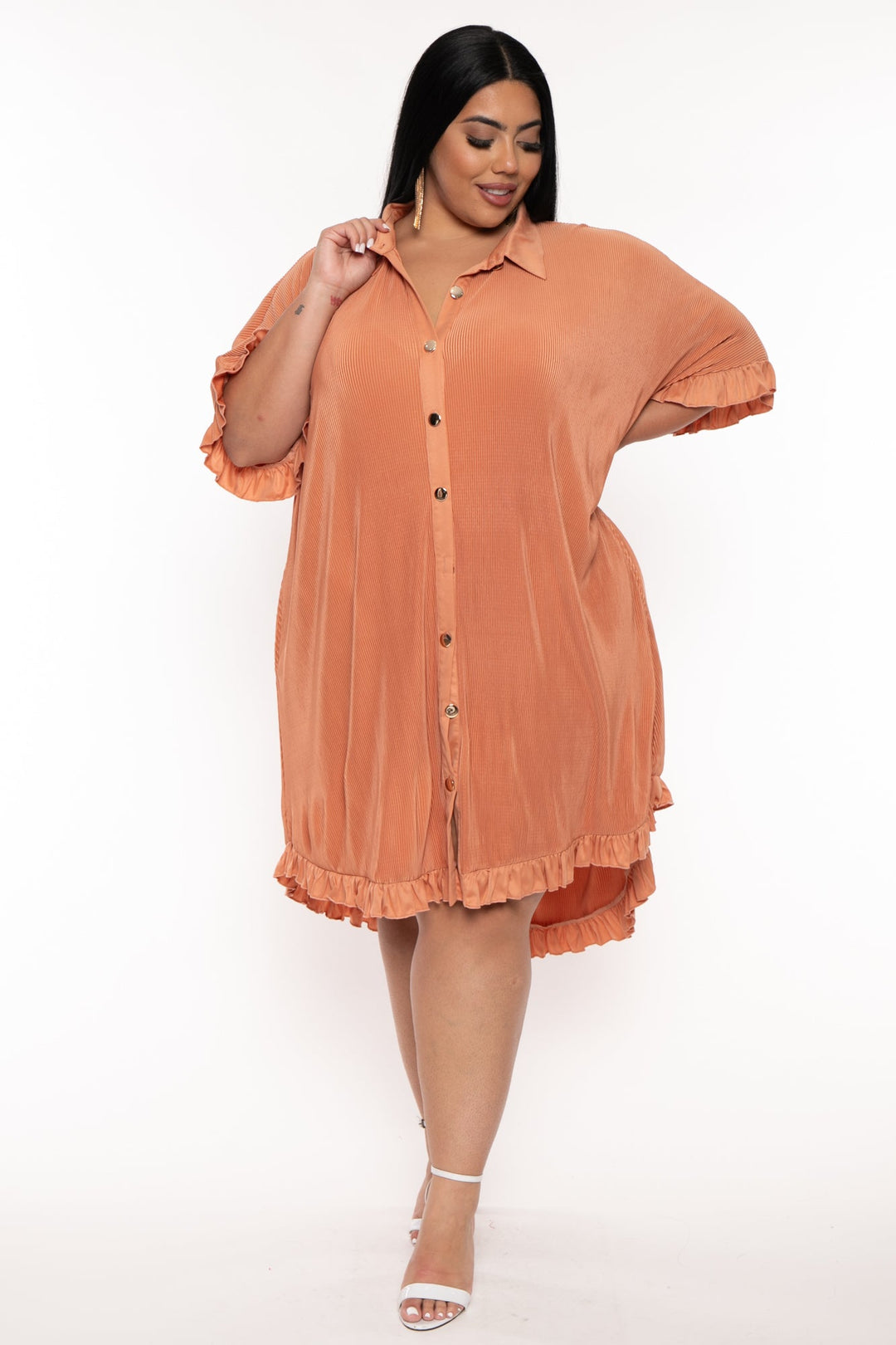 Davi & Dani Dresses Plus Size Oversize Shirt Pleated  Dress - Peach