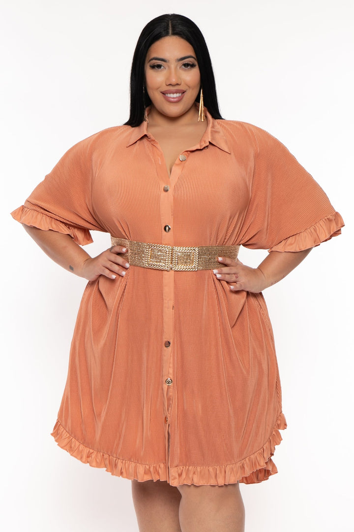 Davi & Dani Dresses Plus Size Oversize Shirt Pleated  Dress - Peach