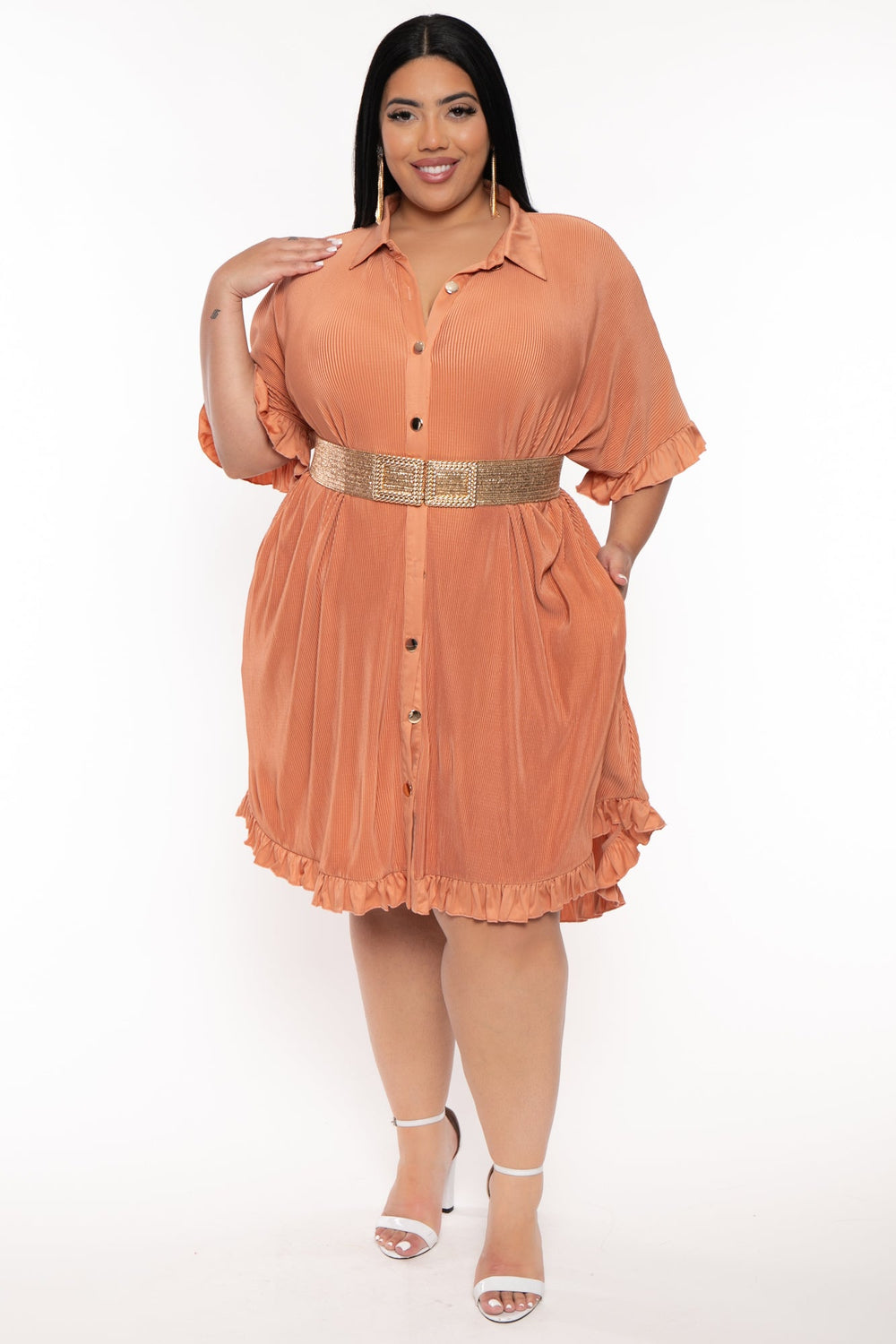 Davi & Dani Dresses Plus Size Oversize Shirt Pleated  Dress - Peach