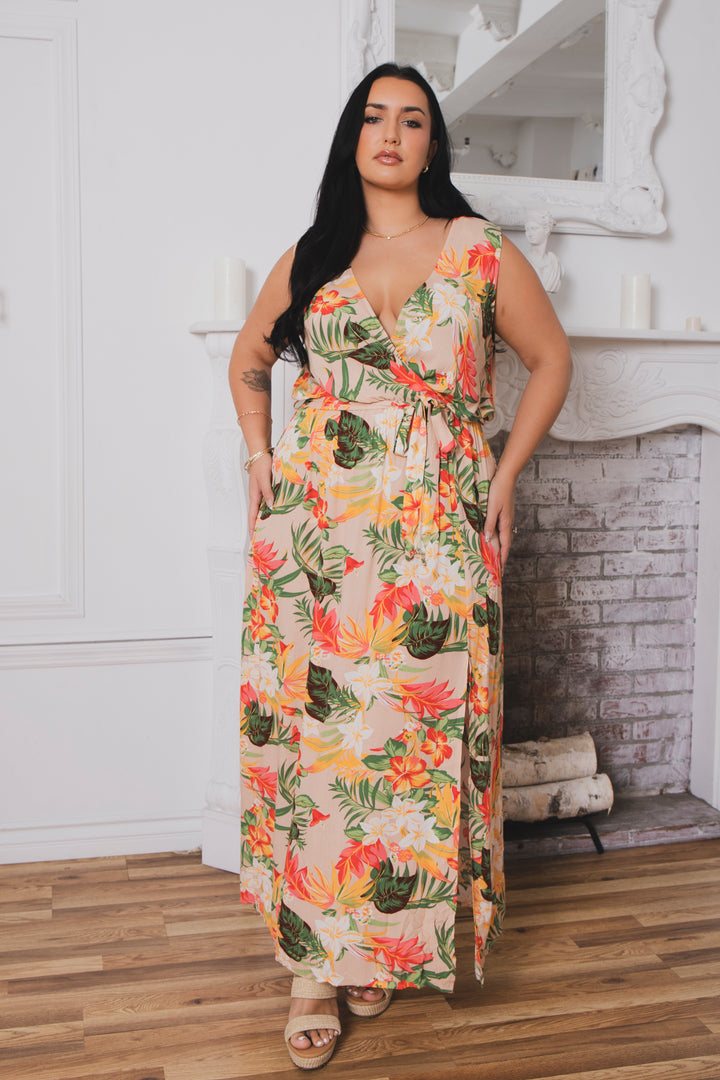 Trashapparel Dresses Plus Size Paradise Escape Wrap Dress - Taupe