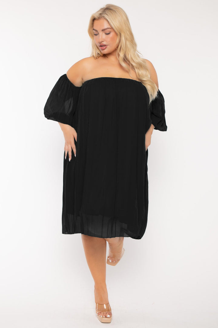 China Dresses Plus Size Pleated Off The shoulder  Dress - Black