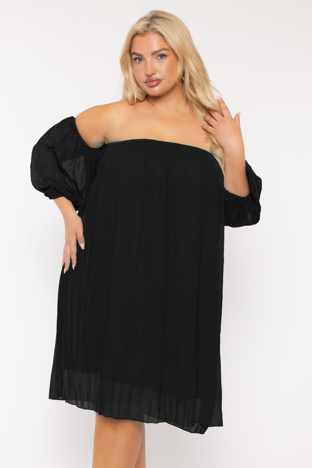 China Dresses Plus Size Pleated Off The shoulder  Dress - Black