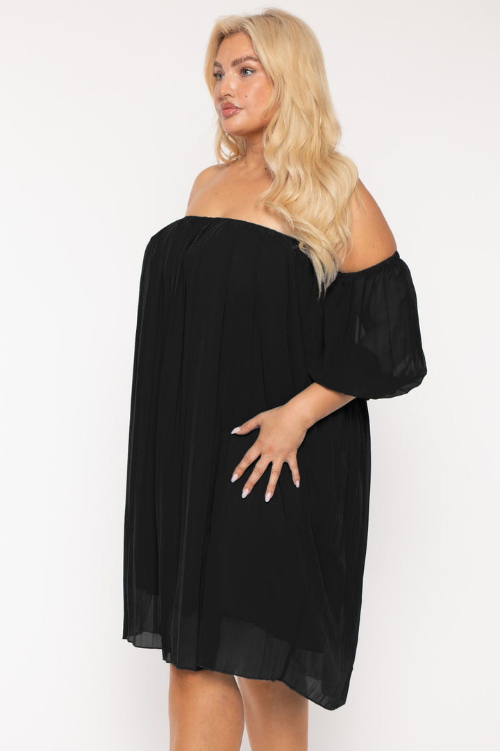 China Dresses Plus Size Pleated Off The shoulder  Dress - Black