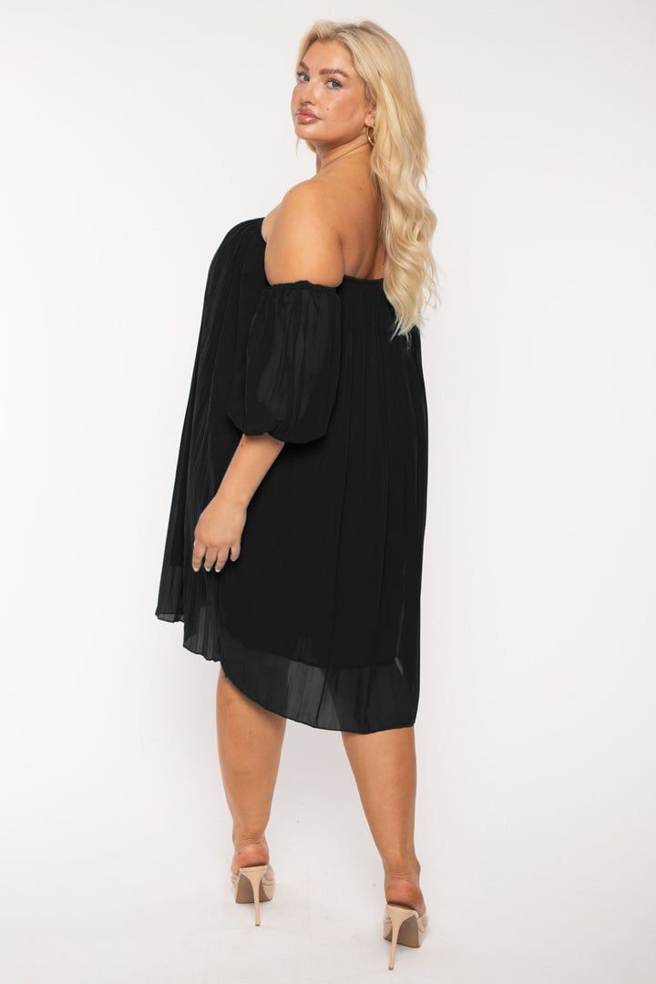 China Dresses Plus Size Pleated Off The shoulder  Dress - Black