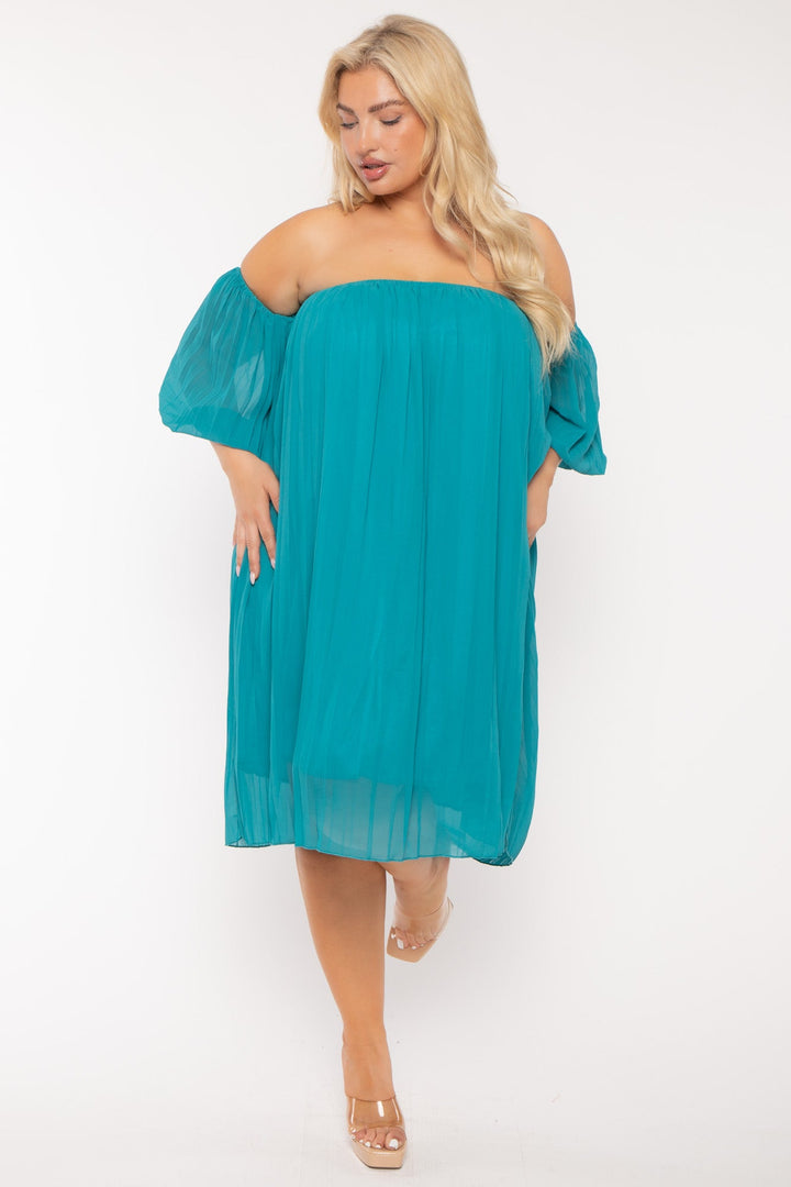 China Dresses Plus Size Pleated Off The shoulder  Dress - Teal