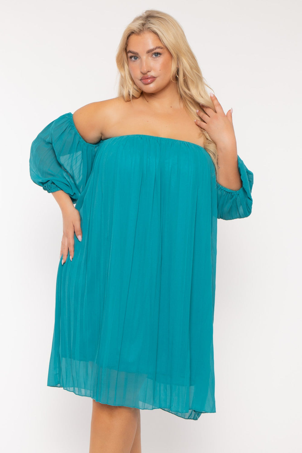 China Dresses Plus Size Pleated Off The shoulder  Dress - Teal