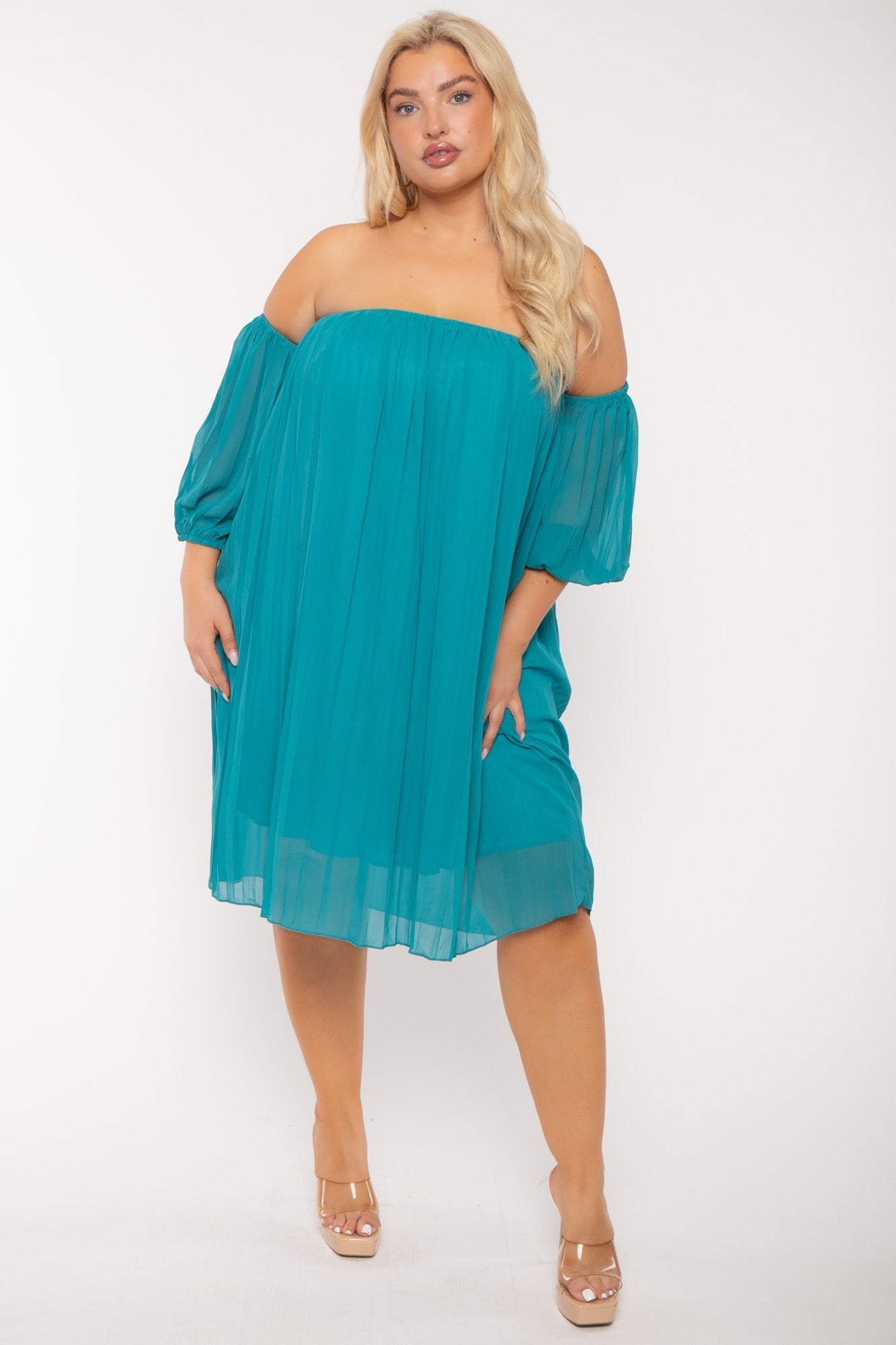 China Plus Size Pleated Off The Shoulder Dress Teal 4X Teal at Curvy Sense