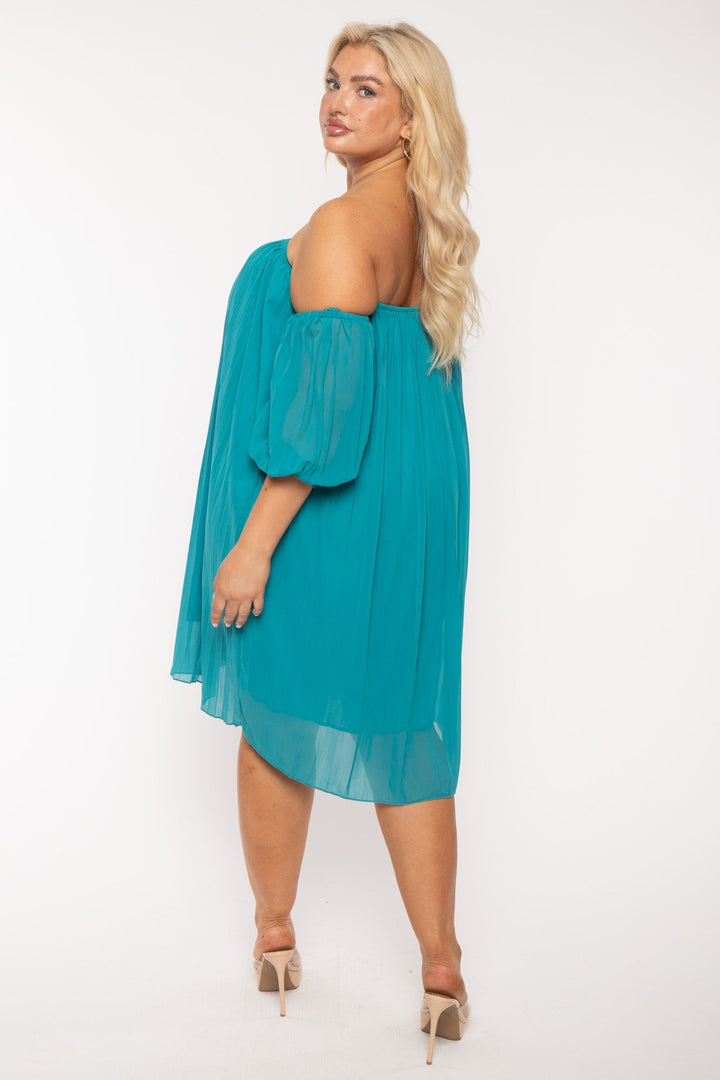 China Dresses Plus Size Pleated Off The shoulder  Dress - Teal