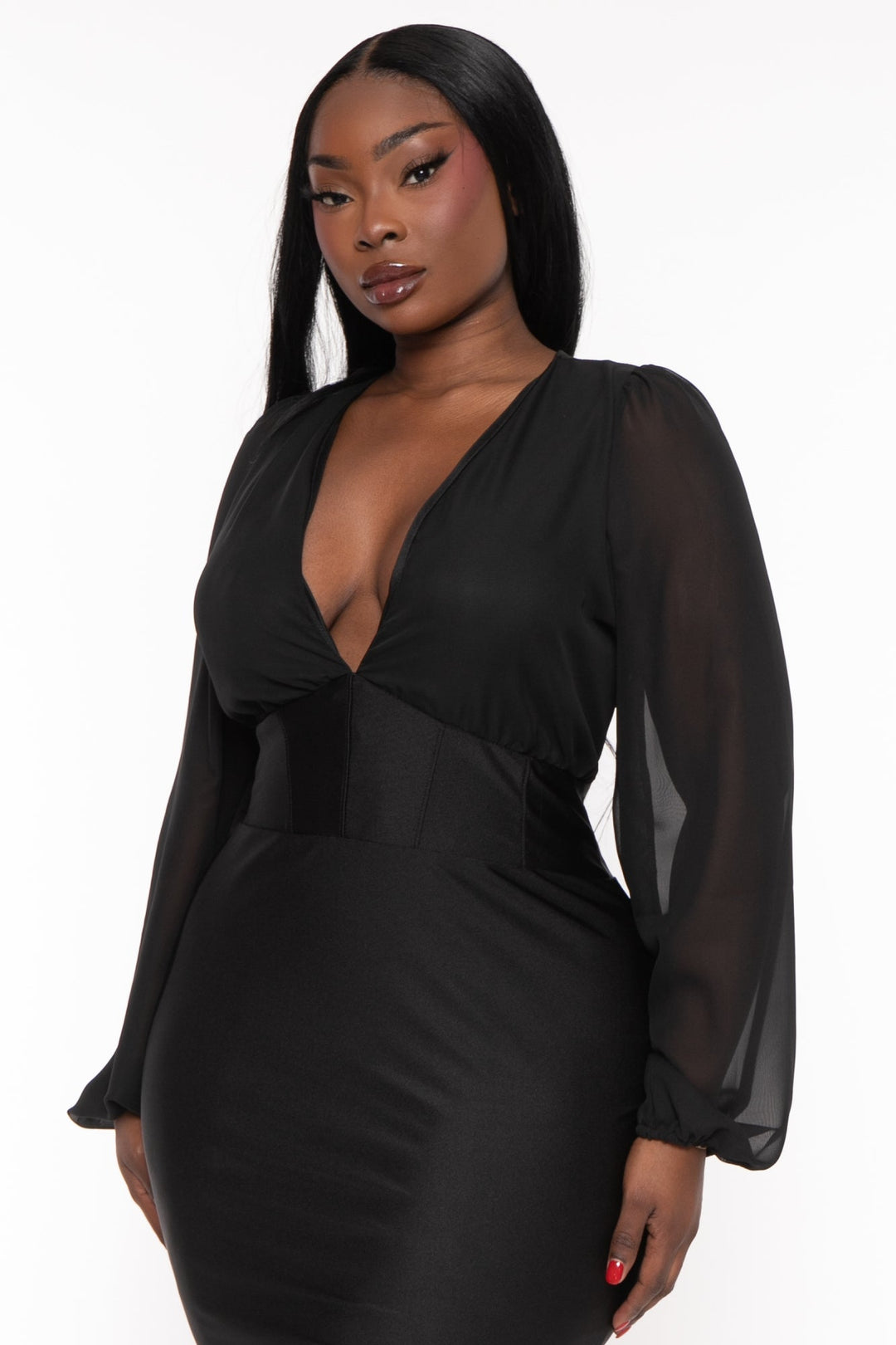 Curvy Sense Dresses Plus Size Priya Chiffon  Midi Dress -Black