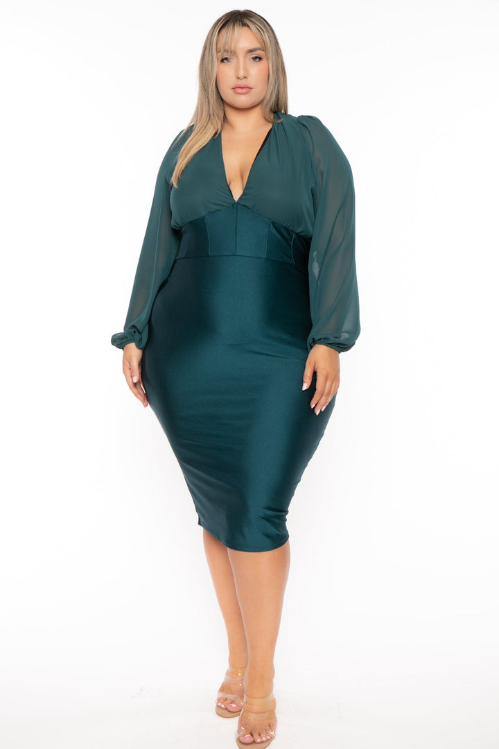 Curvy Sense Dresses Plus Size Priya Chiffon  Midi Dress -Green