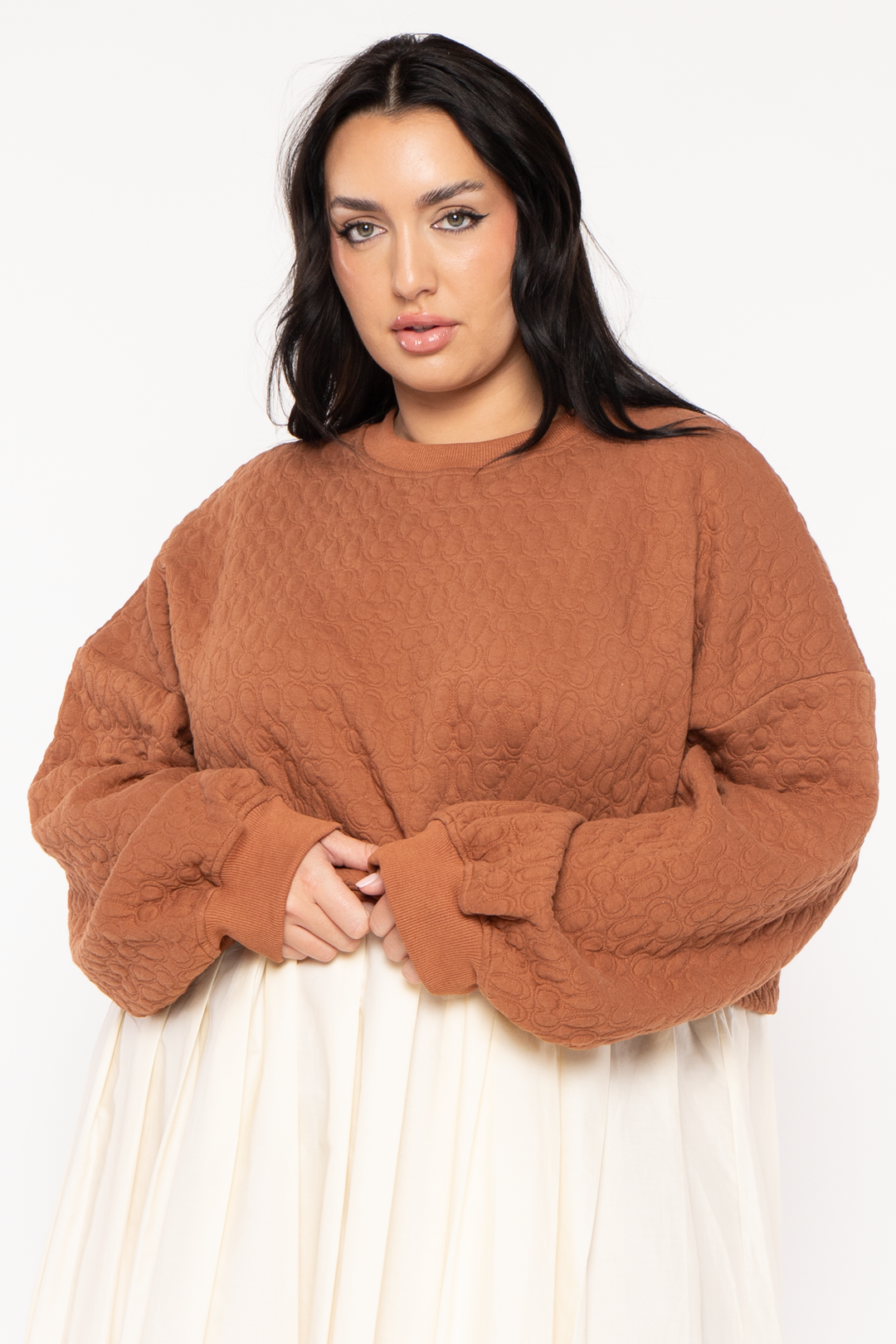 GEE GEE Dresses Plus Size Quilted Tunic Oversize Sweater - Camel