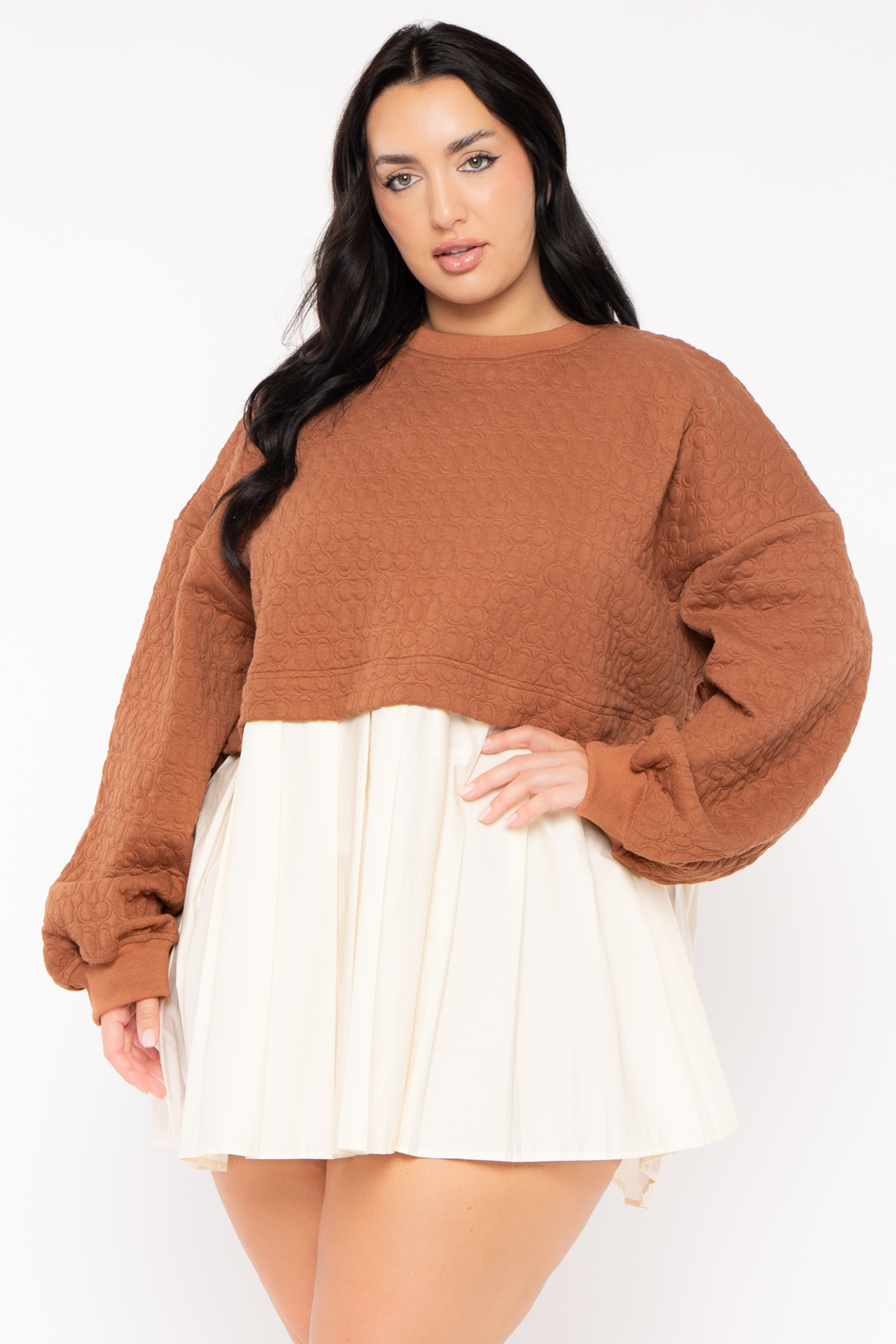 GEE GEE Dresses Plus Size Quilted Tunic Oversize Sweater - Camel