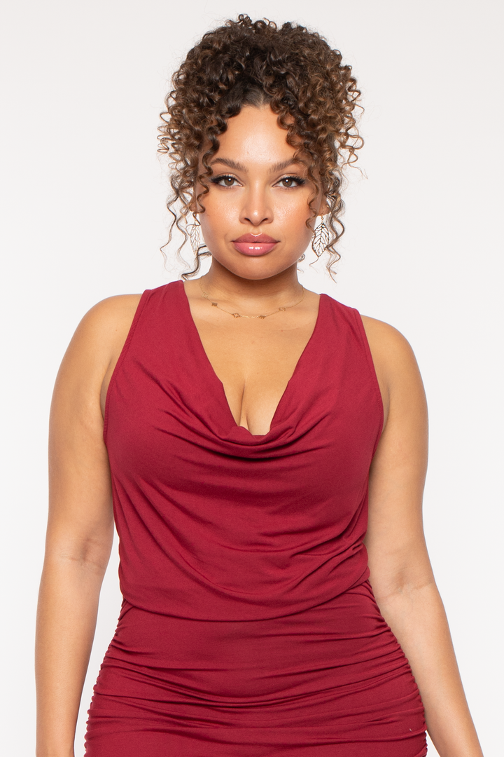 Curvy Sense Dresses Plus Size Raven Cowl Neck Midi Dress - Burgundy