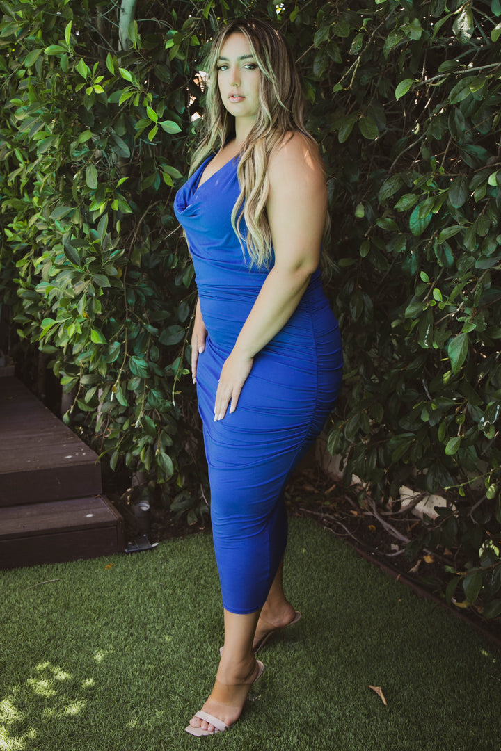 Curvy Sense Dresses Plus Size Raven Cowl Neck Midi Dress - Royal