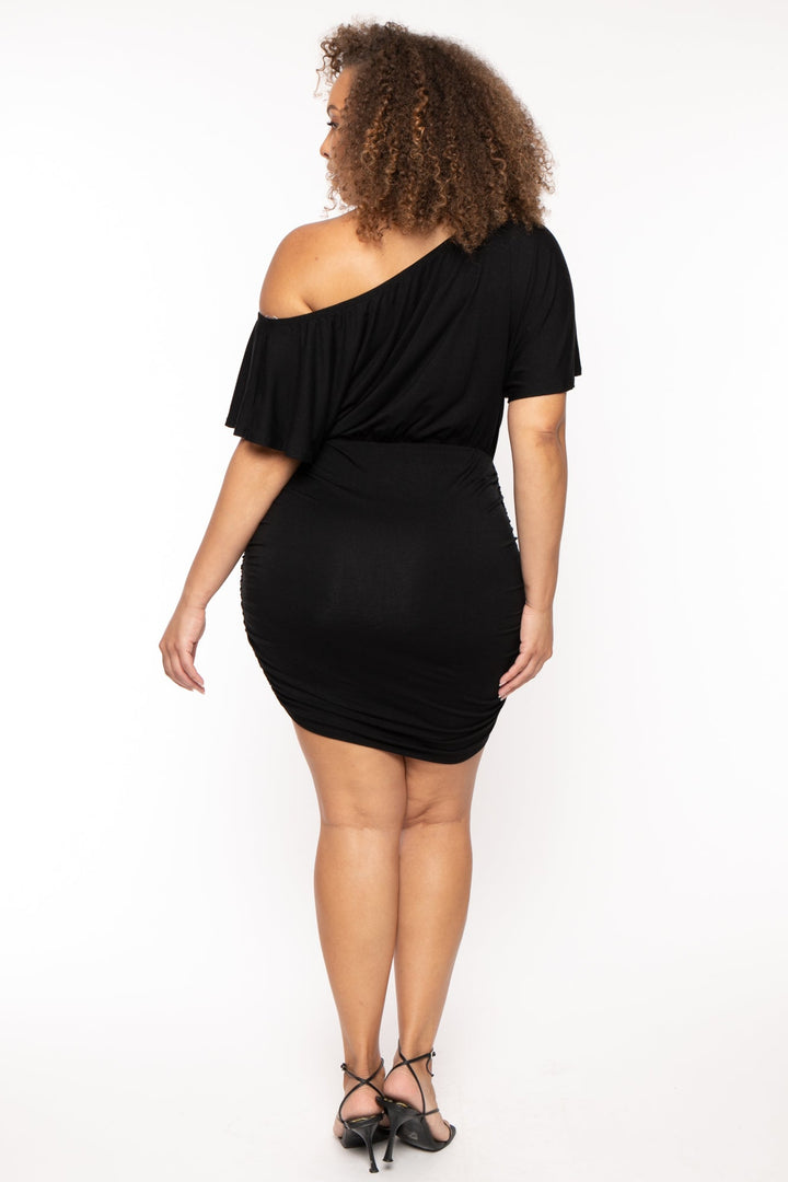 Curvy Sense Dresses Plus Size Reine Rouched Mini Dress - Black