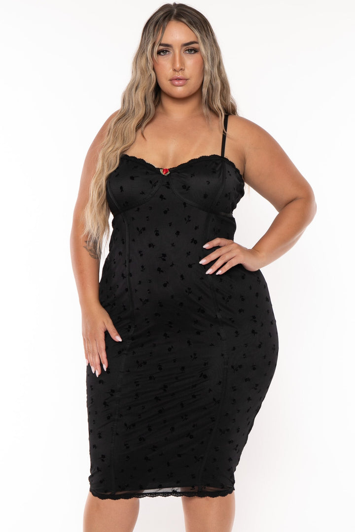 Curvy Sense Dresses Plus Size Reiza Rosset Midi  Dress -Black