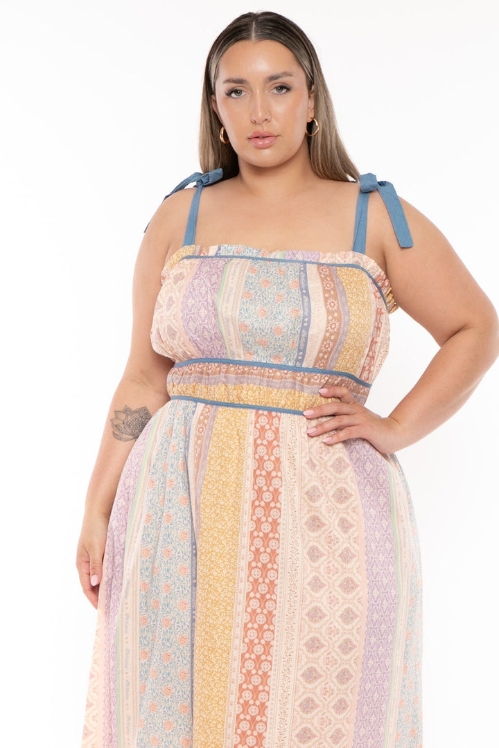 Davi & Dani Dresses Plus Size  Reya Ribbon Tie Straps Midi Dress - Multi