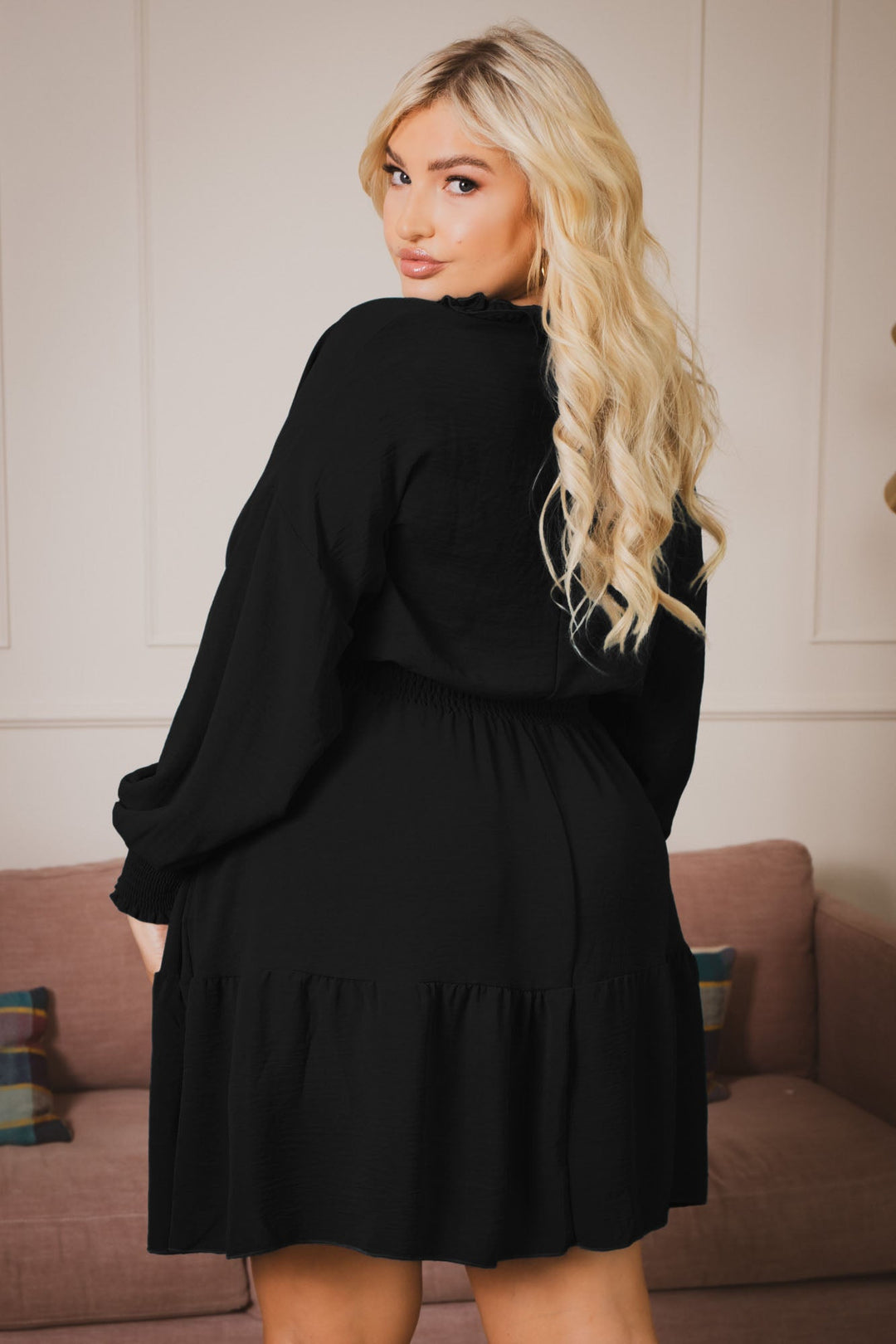 Plus Size Riella Ruffle Dress -Black 1X / Black at Curvy Sense Plus Size Riella Ruffle Dress -Black 1X / Black at Curvy Sense