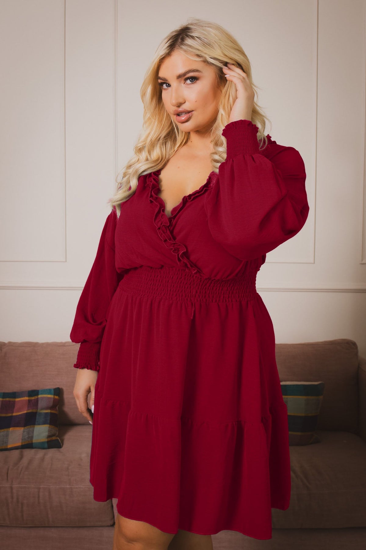 Plus Size Riella Ruffle Dress -Dark Red 1X / Dark Red at Curvy Sense