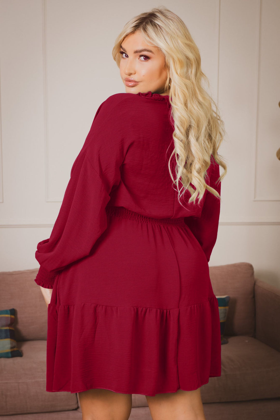 Plus Size Riella Ruffle Dress -Dark Red 1X / Dark Red at Curvy Sense