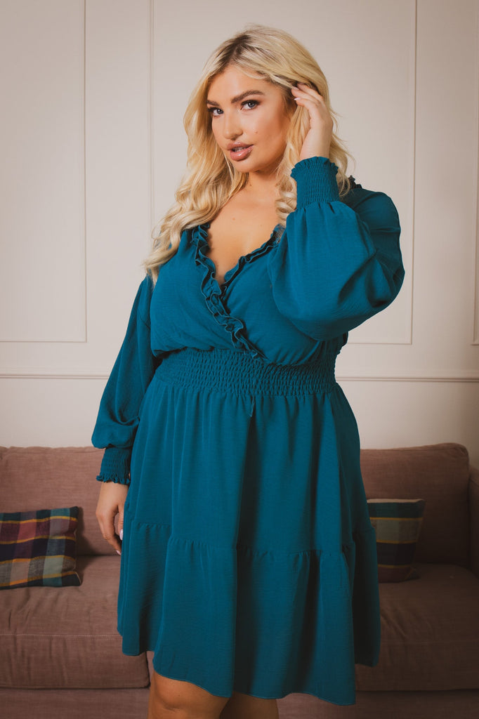 Women's Plus Size Riella Ruffle Dress - Turquoise - Curvy Sense Women's Plus Size Riella Ruffle Dress - Turquoise - Curvy Sense