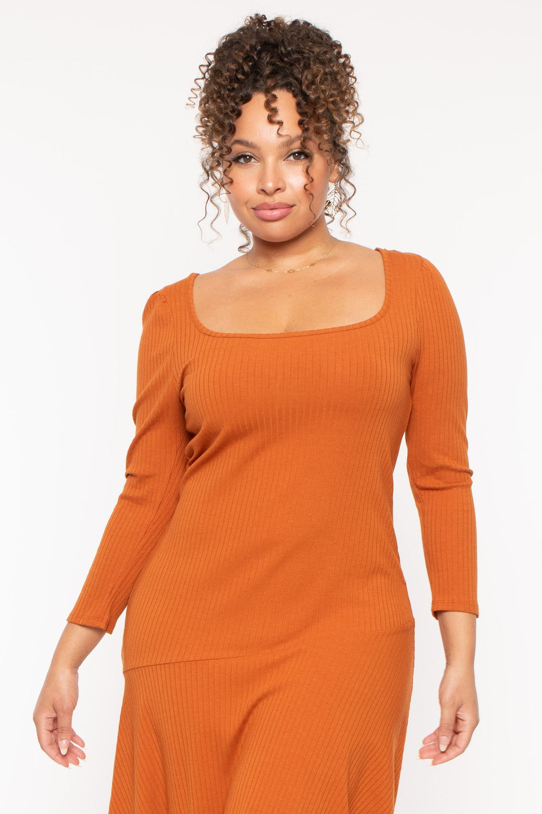 rust ribbed dress Sleek Ribbed Long-sleeve Midi Dress In Rust