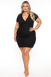 Curvy Sense Dresses Plus Size Risette Front Drape Dress- Black