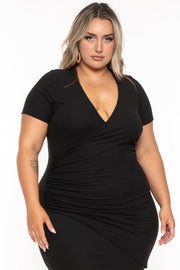 Curvy Sense Dresses Plus Size Risette Front Drape Dress- Black