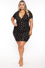Curvy Sense Dresses Plus Size Risette Front Drape Printed   Dress- Black