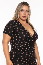 Curvy Sense Dresses Plus Size Risette Front Drape Printed   Dress- Black