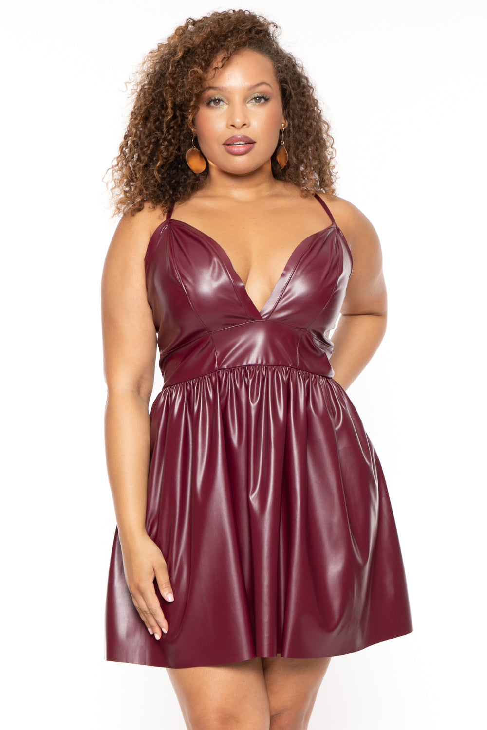 Curvy Sense Dresses 1X / Burgundy Plus Size Roma Faux Leather Flare Dress - Burgundy