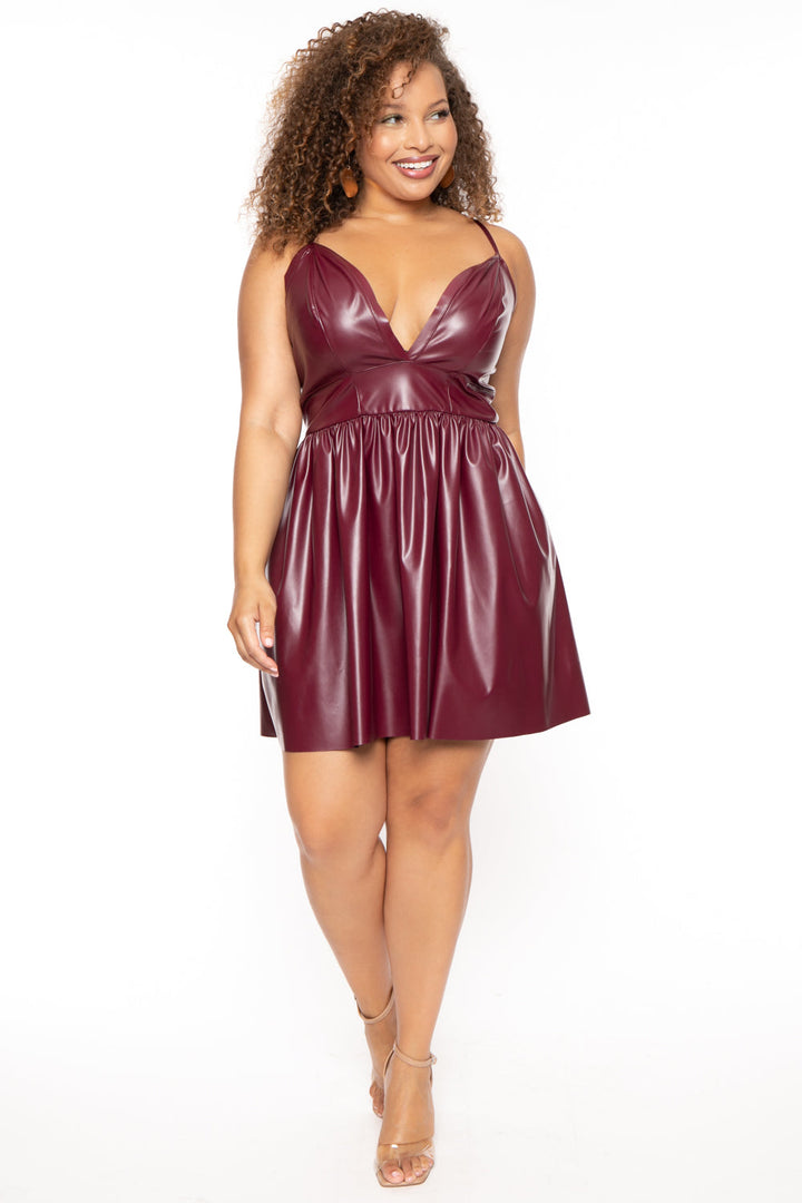 Curvy Sense Dresses Plus Size Roma Faux Leather Flare Dress - Burgundy