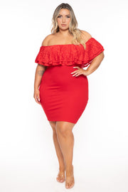Curvy Sense Dresses 1X / Red Plus Size Rosalinda Frill Lace Dress- Red