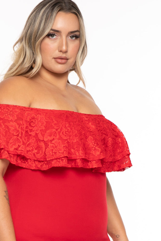 Curvy Sense Dresses Plus Size Rosalinda Frill Lace Dress- Red