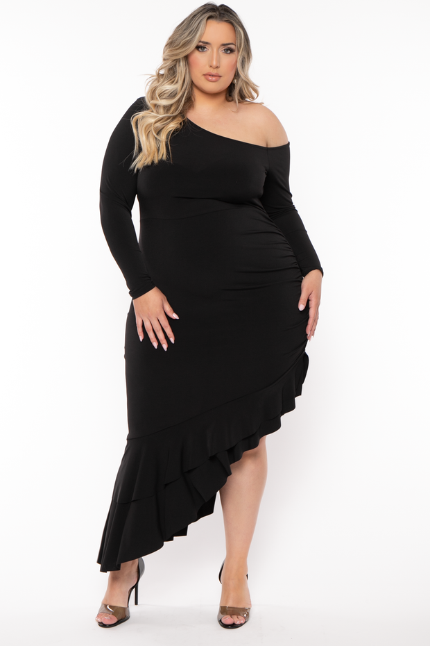 Curvy Sense Dresses 1X / Black Plus Size Rosena Cascade Ruffle Dress - Black