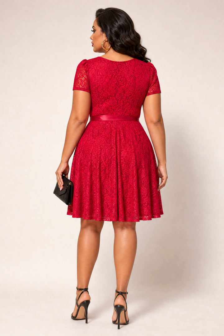 Moa Collection Dresses Plus Size Rosette Charm Lace Dress - Red