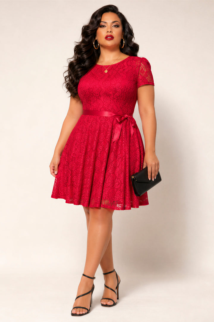 Moa Collection Dresses Plus Size Rosette Charm Lace Dress - Red