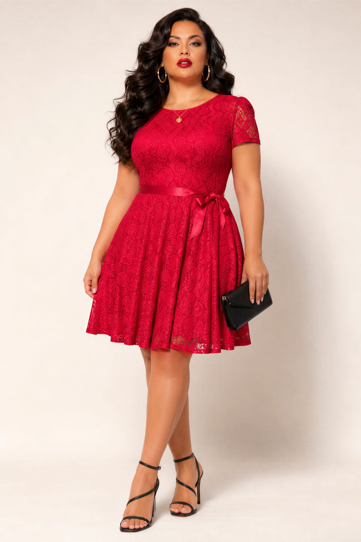 Women's Plus Size Rosette Charm Lace Dress - Red