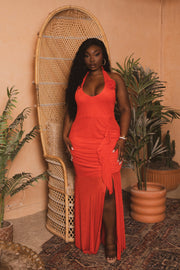 Curvy Sense Dresses Plus Size Rosette Halter  Maxi Dress - Red