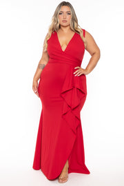 Symphony Dresses 1X / Red Plus Size Salome Ruffle Maxi Gown  Dress- Red