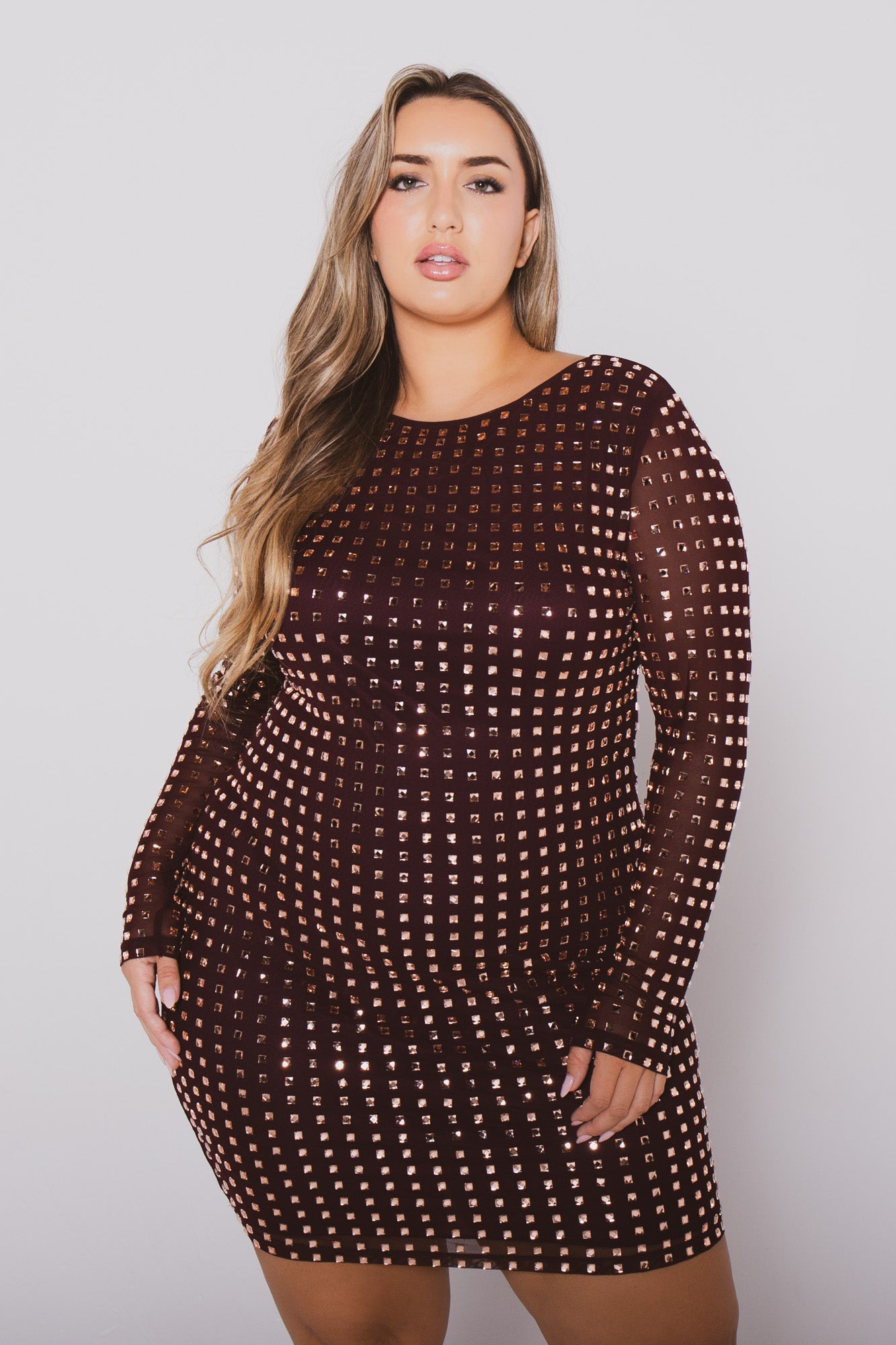 Plus Size Saoirse Rhinestone Dress- Wine 2x / Wine at Curvy Sense Women's Plus Size Saoirse Rhinestone Dress- Wine - Curvy Sense