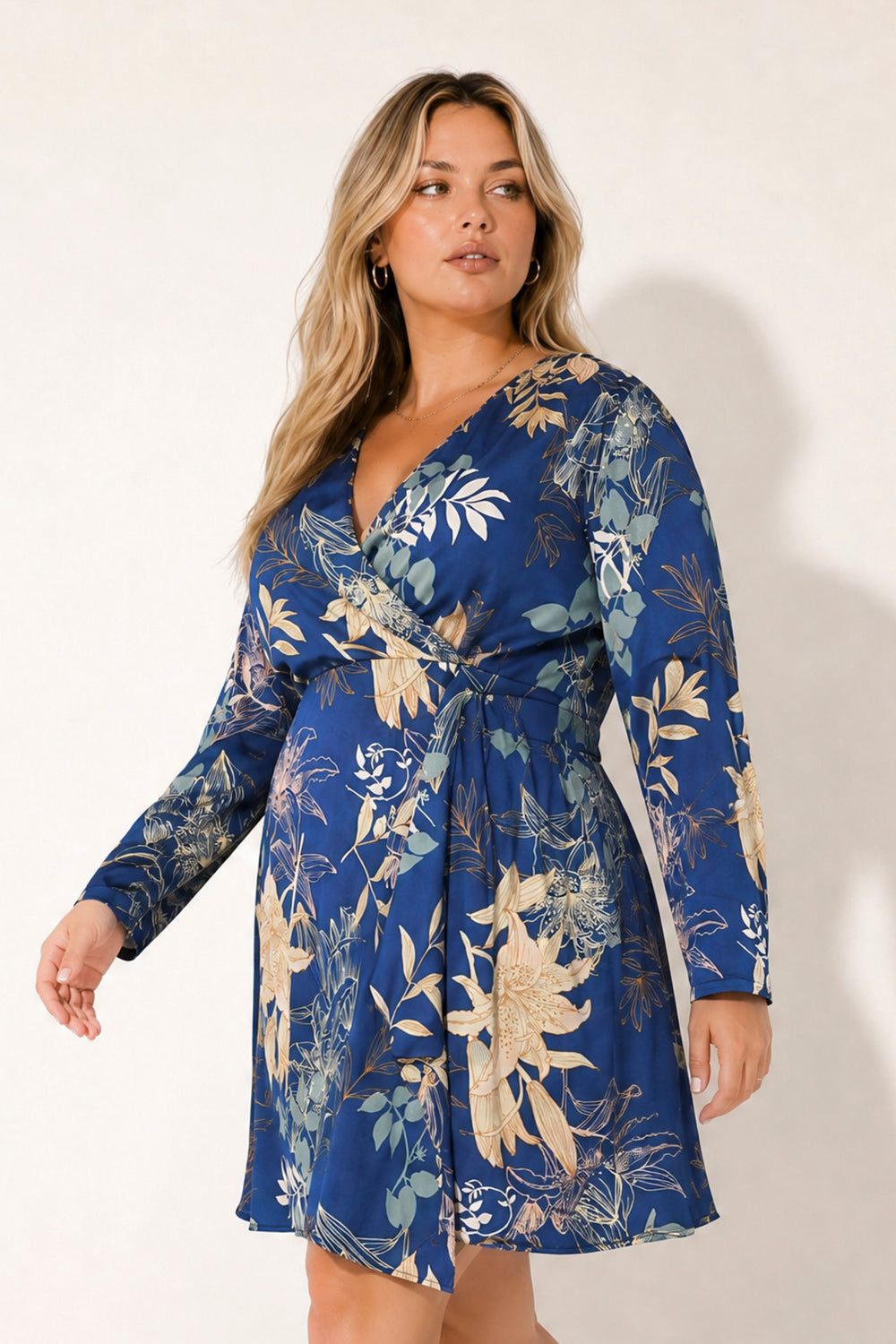 Curvy Sense Inc. Dresses Plus Size Sapphire Garden Satin Dress - Navy